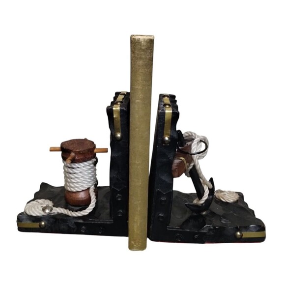 Vintage Nautical Wood Maritime Carved Black Bookends 2PC - Picture 2 of 8